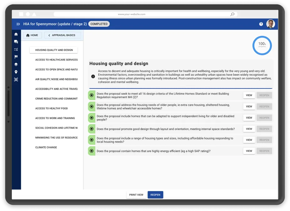 Smart guidance interface for health impact assessment