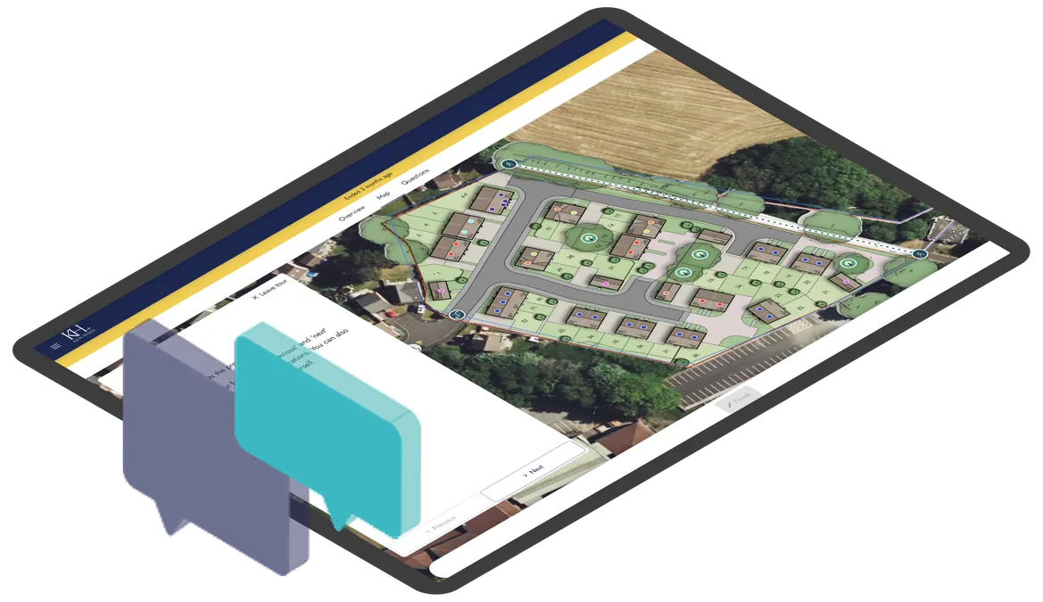 Tablet showing a branded online planning consultation map with proposal layers and project navigation
