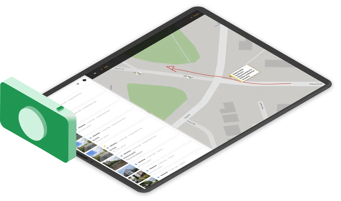iPad view showing a map with geotagged, direction‑aware photos for a design review