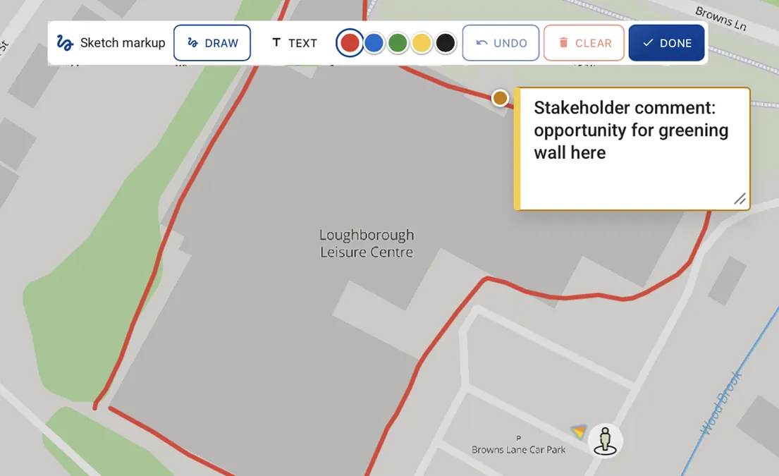 Site visit map with sketch markup and text annotation